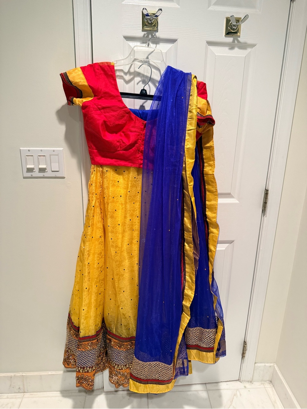 Yellow & Red Traditional Lehenga with Blue Dupatta